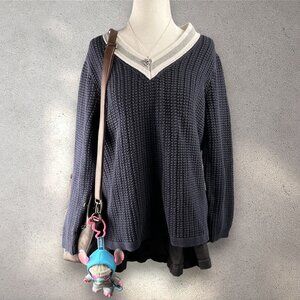 Liz Claiborne Chunky Knit V-Neck Sweater Women’s XLT Navy Preppy Academia Cozy